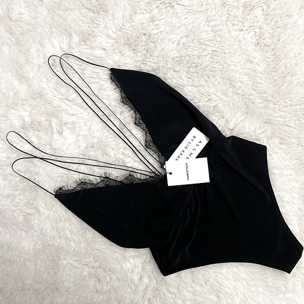 Farfetch Alchemy x Lia Aram lace-trimmed black sexy bodysuit L NWT